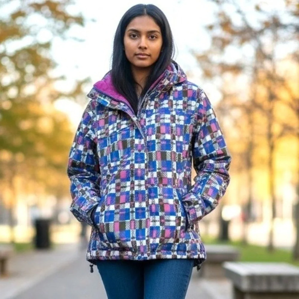 Columbia Youth Girls 10/12 Waterproof Rain Jacket Hooded Pink Blue Plaid SG 7424